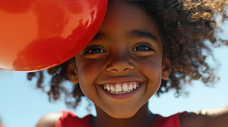 Close-up of a child face lighting up with excitement, holding a balloon in the air.の素材
