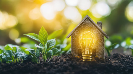 A household LED lightbulb glowing, symbolizing energy-efficient choices to reduce carbon emissions.の素材