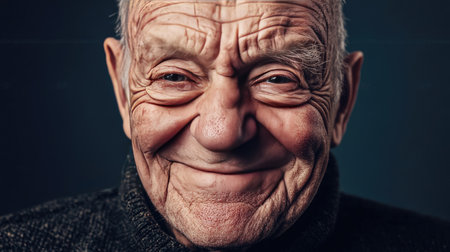 An elderly person with deep wrinkles, laughing heartily as they enjoy a pleasant conversation.の素材