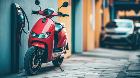 An electric scooter parked by a charging station, promoting low-emission travel options.の素材