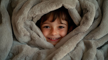 A child bright eyes peeking out from under a blanket, smiling with curiosity.の素材