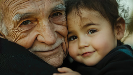 A close-up of an elderly man face, eyes twinkling with joy as he holds a child hand.の素材