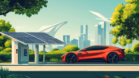 An electric car charging at a solar-powered station in a modern cityscape.の素材