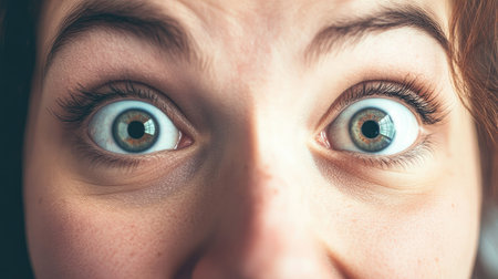 Close-up of a person face with an excited, wide-eyed expression, showing anticipation.の素材