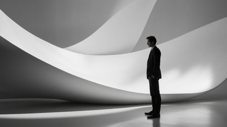 A wind turbine technician inspecting a turbine blade, emphasizing maintenance of renewable energy systems.の素材