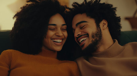 Close-up of a couple talking on the couch, sharing thoughts and laughing together.の素材