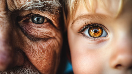 A close-up of an elderly man face, eyes twinkling with joy as he holds a child hand.の素材