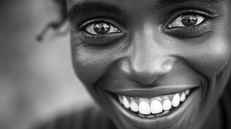 Close-up of a person face with a joyful smile, eyes sparkling with happiness.の素材