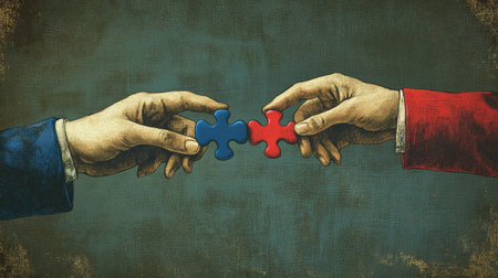 Hands of team members passing a puzzle piece to each other, showing problem-solving teamwork.の素材