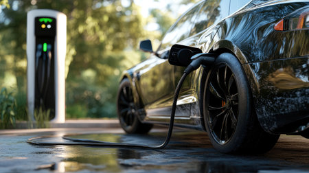 Close-up of an electric car charging at a modern charging station with green energy branding.の素材