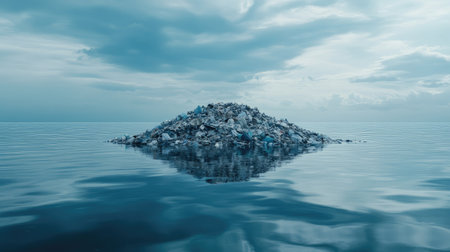 Dynamic side view of a trash-covered island floating in calm ocean waters, showcasing environmental neglect and its consequencesの素材