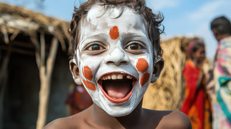 A child face covered in face paint, smiling brightly during a fun activity.の素材
