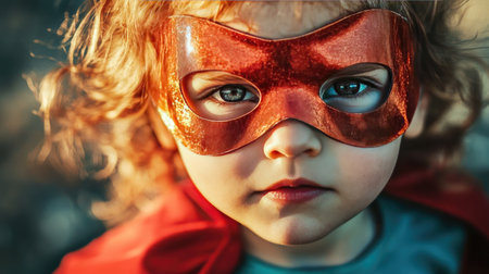 A child wearing a superhero mask, with a confident and playful expression on their face.の素材