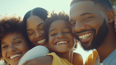 Close-up of a family sharing a group hug, with smiling faces partially visible in the frame.の素材