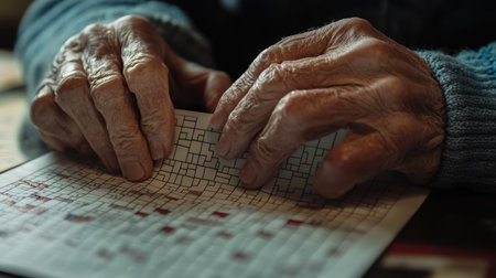 An elderly persons hands resting on a crossword puzzle, symbolizing engagement and mental clarity.の素材