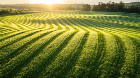 High-angle view of a sprawling grass field, revealing creative mowing designs bathed in golden light and intricate shadows.の素材