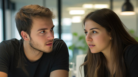 Close-up of two colleagues in an office, engaged in a deep conversation with focused expressions.の素材