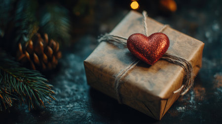 Festive background showcasing an elegantly wrapped gift box with a heart ornament, ideal for capturing the spirit of holiday giving and seasonal celebrationsの素材