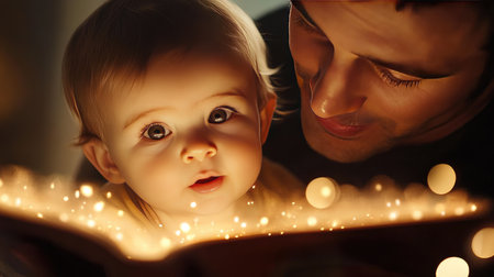 Close-up of a parent reading a bedtime story, with soft lighting and a child's wide eyes.の素材