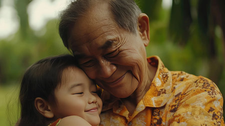 A warm close-up of a grandparent smiling while holding their grandchild's face gently.の素材