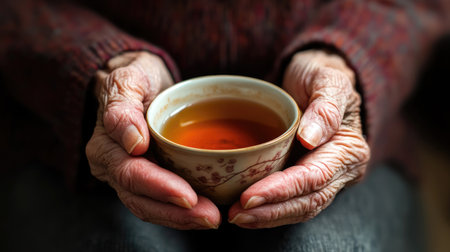 Close-up of an elderly person hands gently holding a cup of tea, with warm sunlight reflecting off their wrinkles.の素材