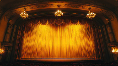 Wide-angle shot of ornate golden curtains in an opera house, with chandeliers in the background.の素材