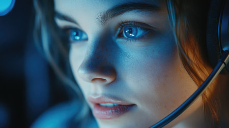 Close-up of a person using a headset to communicate, focused on a conversation during a video call.の素材