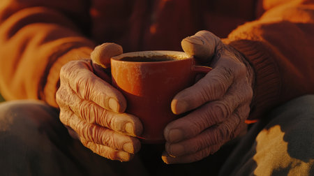 Close-up of an elderly man wrinkled hands holding a cup of coffee, with morning sunlight in the background.の素材