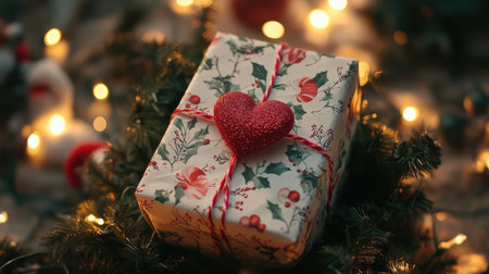 Holiday gift box wrapped in festive paper with a heart ornament, surrounded by soft holiday lights and greenery, creating a warm, celebratory moodの素材