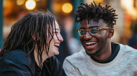 Close-up of two people laughing while chatting casually in a coffee shop.の素材