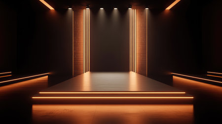 A fashion show stage with a sleek runway, high-intensity lighting, and minimalist decor for a professional vibe.の素材