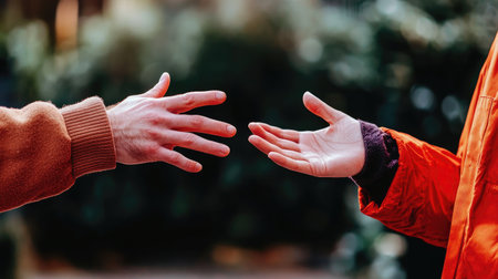 Close-up of a person using a sign language gesture while communicating with another person.の素材