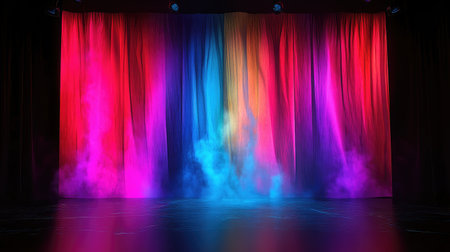 A dance performance stage with vibrant floor lighting, smoke effects, and colorful abstract backdrops.の素材