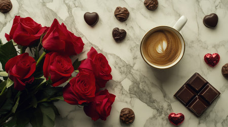 Elegant Valentine's flat lay with red roses, a steaming mug of coffee, and luxurious chocolates placed on a marble surface with soft lightingの素材