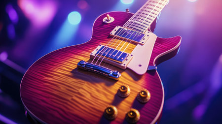 A close-up of an electric guitar on stage with vibrant purple and blue concert lighting in the background.の素材