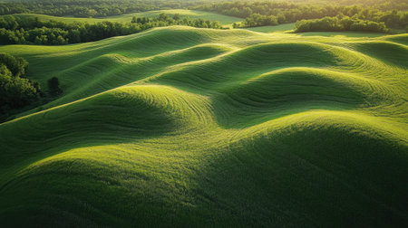 Aerial view of expansive grasslands with organic, curved mowing patterns highlighted by rich light and subtle shadows.の素材