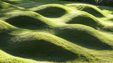 High-angle view of grasslands displaying creative mowing shapes, enhanced by sunlight and soft contrasting shadows.の素材