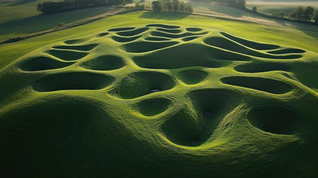 Bird's-eye view of large green fields with varying grass-cutting patterns, highlighted by the interplay of light and shadow.の素材