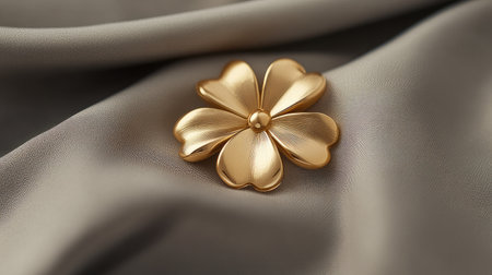 A golden four-leaf clover charm resting on soft fabric, blending elegance with the timeless symbol of good luck.の素材