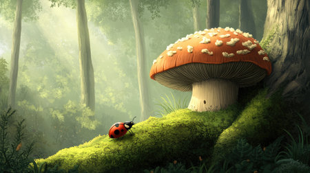 A whimsical scene of a ladybug on a mushroom cap in a forest clearing, surrounded by moss.の素材