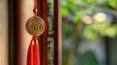 A golden ancient Chinese coin hanging from a decorative red tassel, commonly used as a lucky charm.の素材