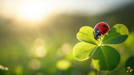 A macro shot of a ladybug on a clover leaf, emphasizing its symbolic connection to luck and happiness.の素材