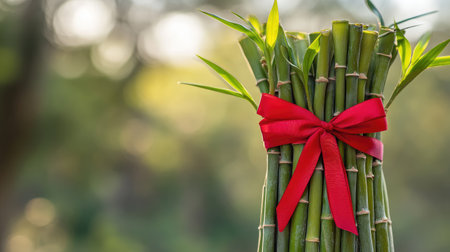 A close-up of spiraled Lucky Bamboo stalks tied with a red ribbon, representing prosperity and positive energy.の素材