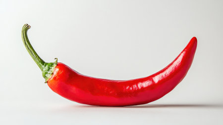 High-resolution shot of a single chili pepper, highlighting its natural texture, vibrant color, and fine details on a white surfaceの素材