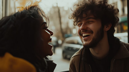 Close-up of two people laughing while chatting casually in a coffee shop.の素材