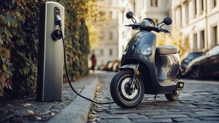 An electric scooter parked by a charging station, promoting low-emission travel options.の素材