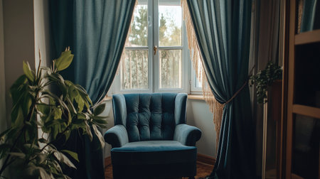A cozy home interior with velvet curtains framing a window and a soft armchair nearby.の素材