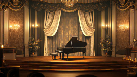 A modern theater concert stage with elegant curtains, intricate lighting, and a grand piano in the center.の素材