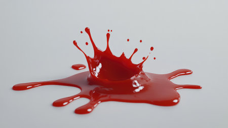 A single red drop of ketchup forming a small splash effect on a glossy white surface.の素材