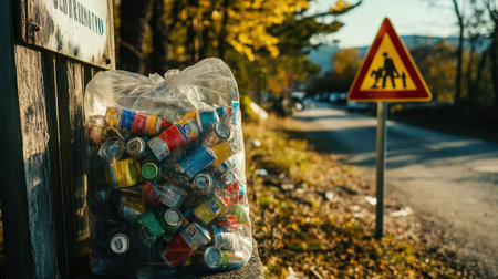 A transparent bag filled with cleaned and sorted recyclables like cans and bottles, placed near a recycling sign.の素材